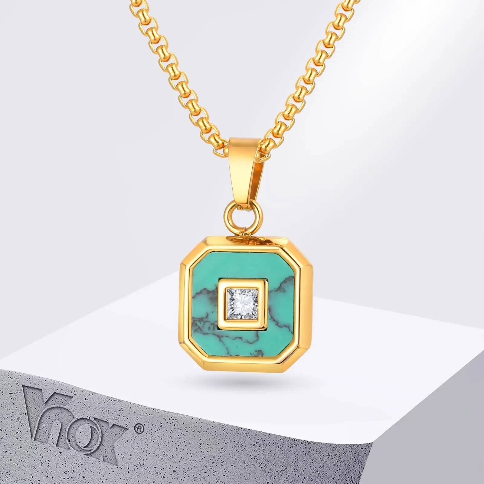 Vnox Edelstahl-Halskette mit quadratischem Anhänger, Türkis-Zirkon, 15 x 19,5 x 4 mm, 3 x 3 mm, CZ, wasserfester Schmuck für Männer, Vatertagsgeschenk