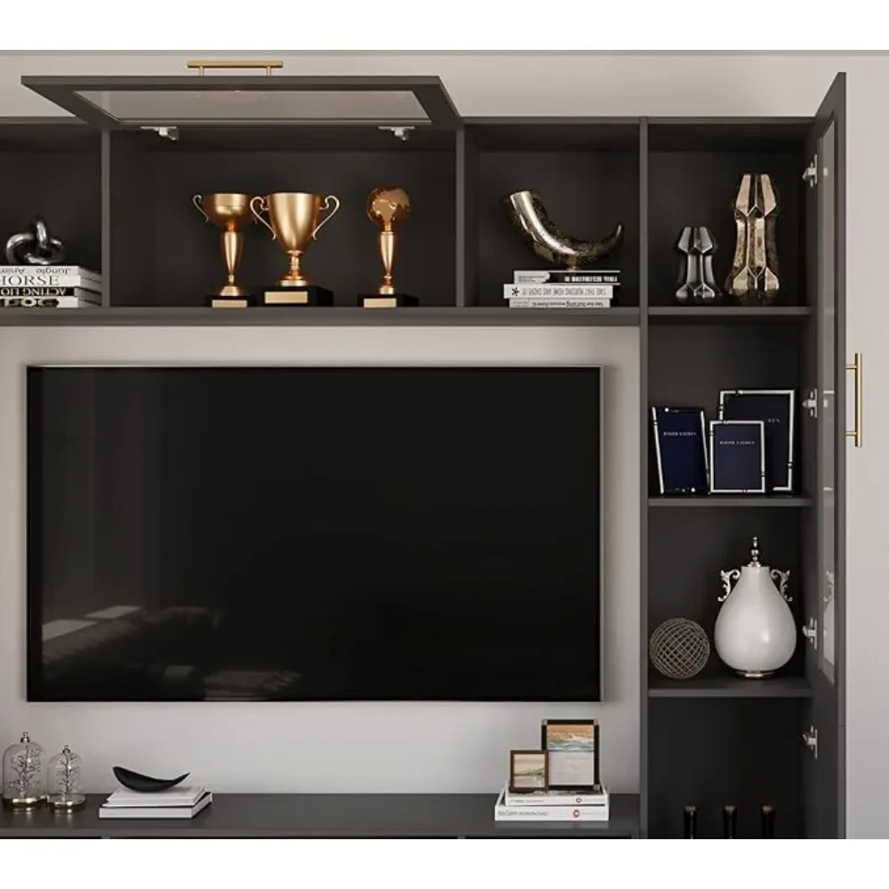 Entertainment Wall Unit, Multifunctional TV Stand with Tempered Glass Door, Up-Flip Door & Shelves, Large Console Storage 6