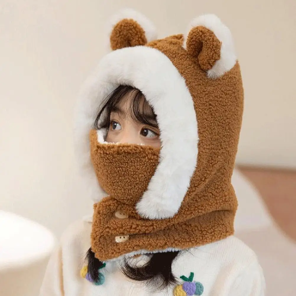 

Детская шапка для мальчиков и девочек, флисовая шапка с мультяшными медвежьими ушками, детская шапка с мультяшными медвежьими ушками и пуговицами для защиты лица на зиму