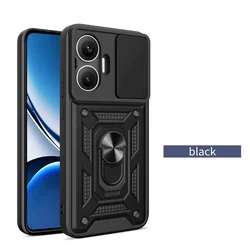 Enhanced Slide Camera Armor Case with Ring Stand Holder and 360° Protection Cover for Poco M7 Plus 5G (SJ - Black)