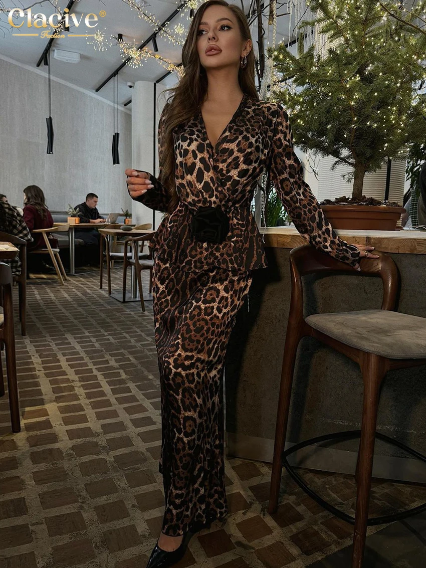 

Элегантные свободные женские комплекты Clacive с леопардовым принтом 2024, модная рубашка с длинным рукавом и длинная юбка с высокой прорезями, Женский комплект из 2 предметов