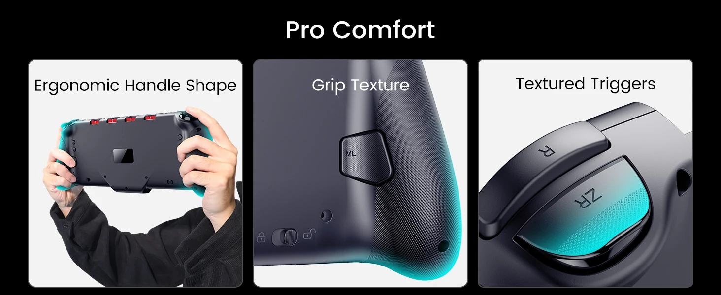 Text reads 'Pro Comfort'. Multiple views of ergonomic black and teal beauty device showing different angles and features.