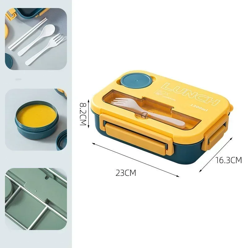 1300ML Portable Lunch Box with Sauce Box Fork and Spoon Microwave Food Compartment Storage Container Kids Student Bento Box