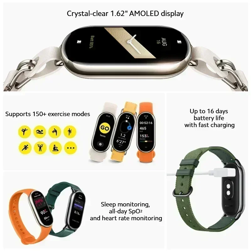Xiaomi-smart Band com Suporte para Frequência Cardíaca Versão Global Tela Amoled de 1.62 Todo o Dia Spo2 Corrida Modo Bean Estreia Mundial - Image 5