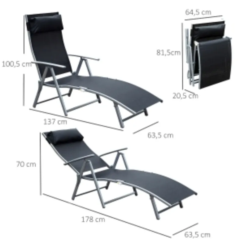Sonnenliege Klappbar Gartenliege Mit Kissen 137x63,5x100,5cm Metall Und Stoff Schwarz Für Strand Und Terrasse – Detail 1