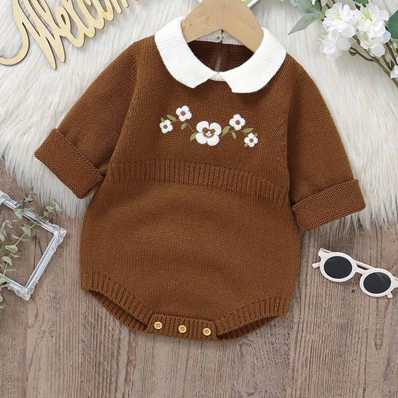 Autumn Baby Knitwear Bodysuit with Embroidered Flowers