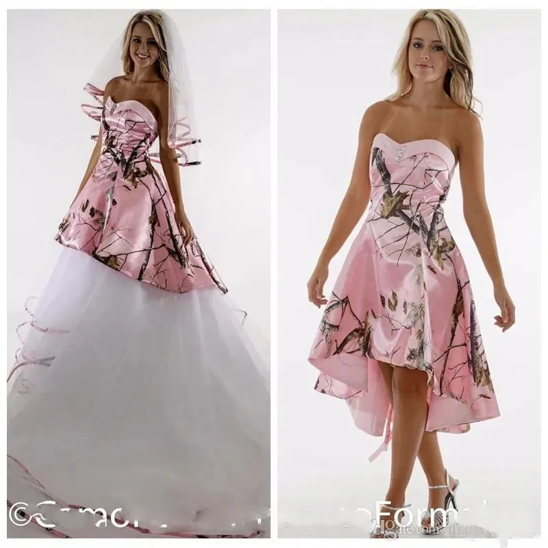 

Sweetheart Pink Satin Camo Wedding Dresses With Detachable Tulle Tiered Train Bridal Gowns Camouflage Long Vestidos De Novia