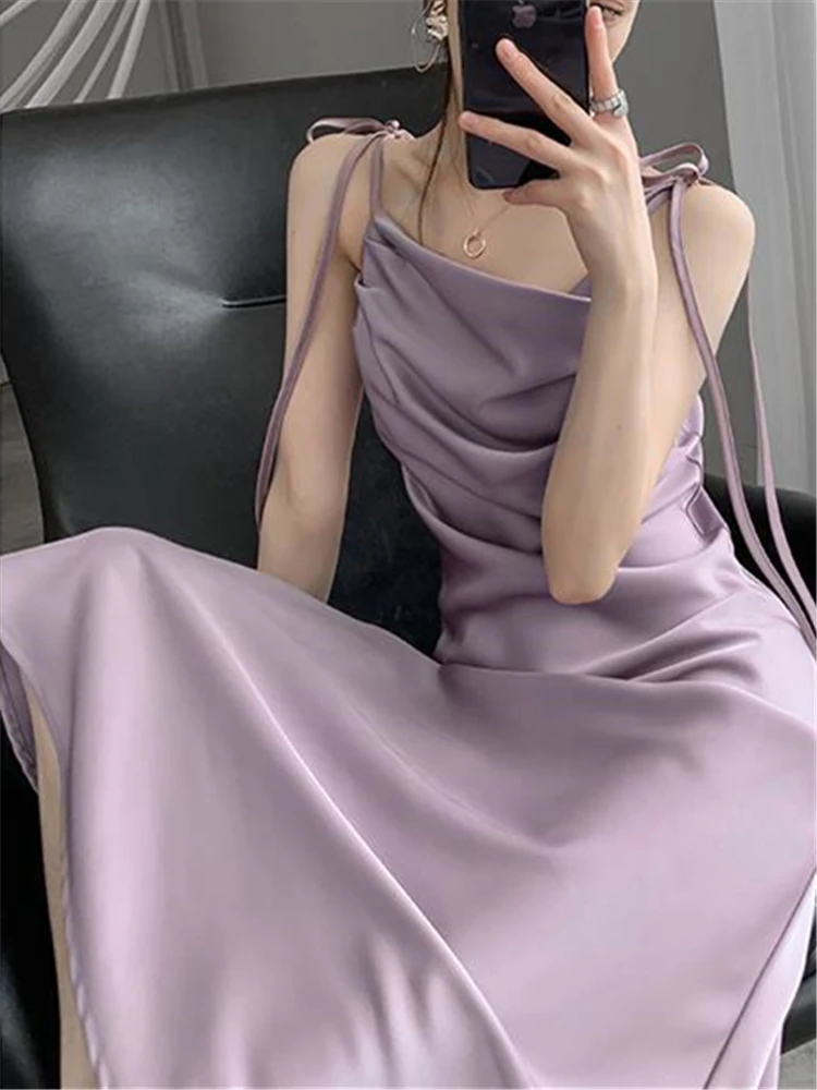 

Женское шелковое платье средней длины, фиолетовое элегантное привлекательное вечернее платье, элегантный сарафан для вечевечерние, лето 2022