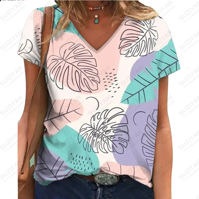 

Women's Summer New Fashion Leaf 3D Digital Printing Short Sleeve T-shirt Women's V-neck Pullover Hawaiian Casual Beach Style Top