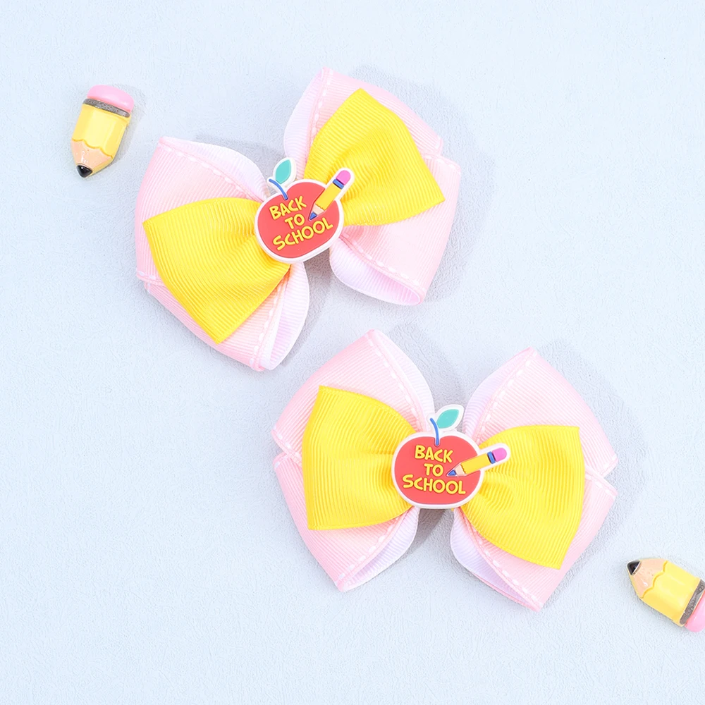 2Pcs Back To School Hair Clips Cute Sweet Pencil Apple Alphabet Bow Hairpins Ribbon Barrette For Girls Kids Headwear Accessories