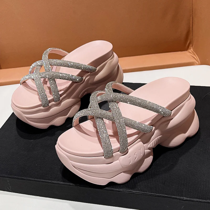 

Bling Rhinestone Women Slippers Flip-Flops Ladies Beach Shoes Wedge Heels Shoes New Woman High Platform Slippers Outside Sandals