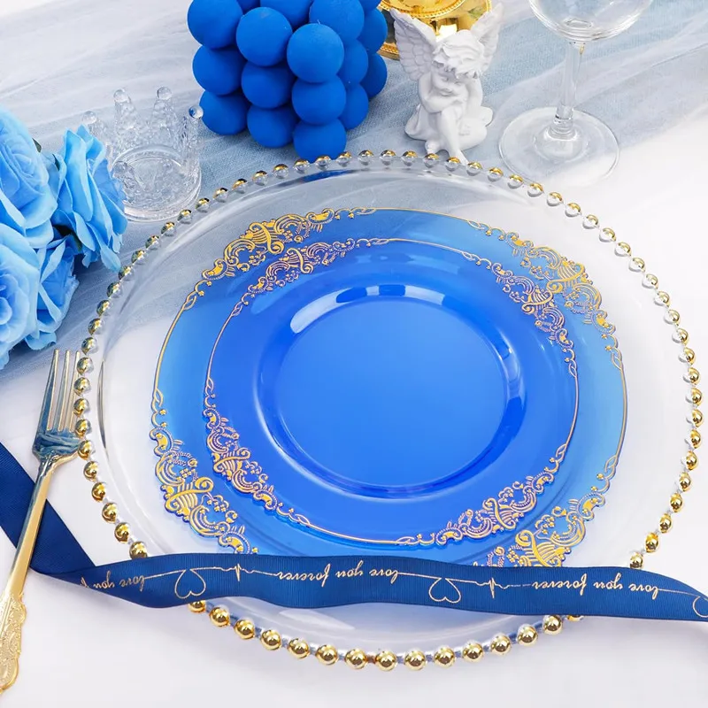 50pc Blue Plastic Plates Party Dinner Plates and Salad Dessert Combo Heavy Duty Plastic for Parties Wedding