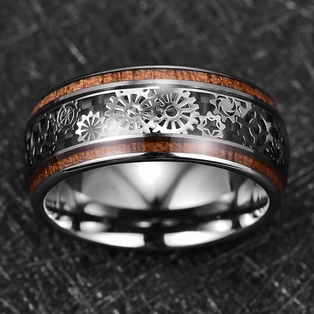 Mode Steampunk Zahnrad Edelstahl Ringe Inlay Koa Holz Ringe für Männer hochglanz polierte HipHop Punk Rock Biker Schmuck