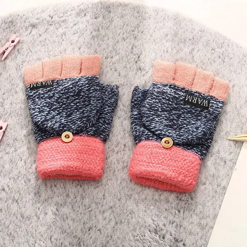 Kid Winter Mitten Baby Warm Knitted Fingerless Gloves for Boys Girls Half Finger Gloves Children Flip Mittens Thicken