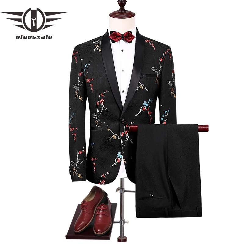 

Plyesxale Men Suit 2022 Slim Fit Floral Print Suit Mens Wedding Suits 4XL Latest Coat Pant Designs Black Prom Stage Wear Q300