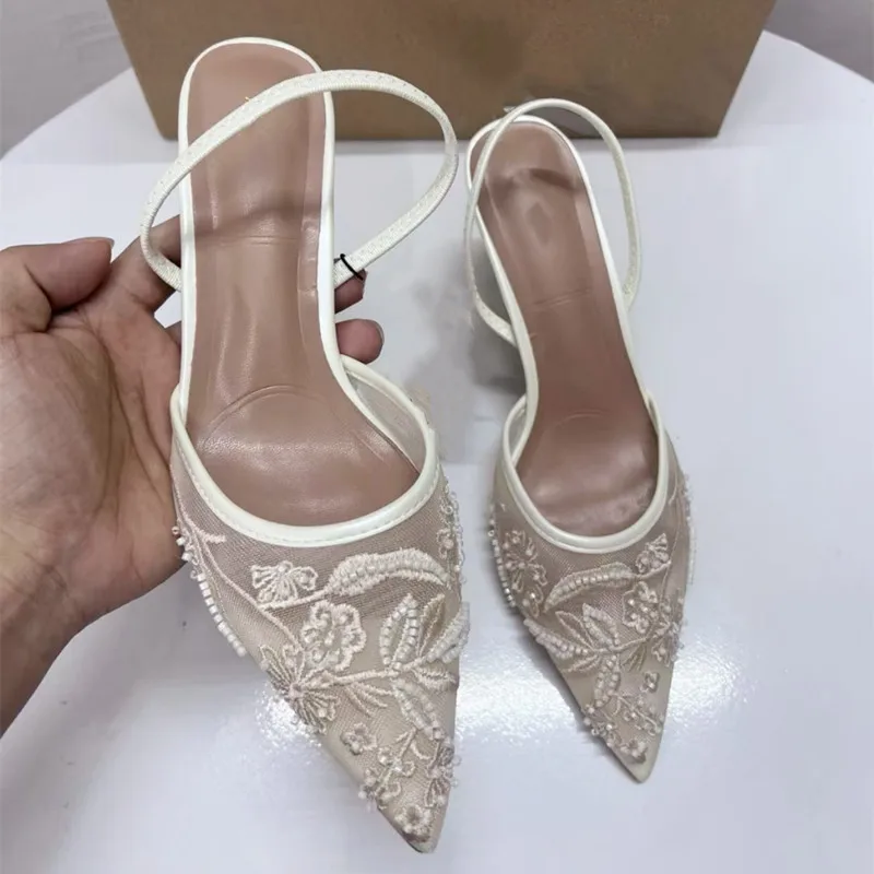 Women Sandals Women High-heel Pumps Embroidered Mesh Open Heel Shoes Fashion Print Stiletto Sexy Pointed End Mules women sandals,women high heels