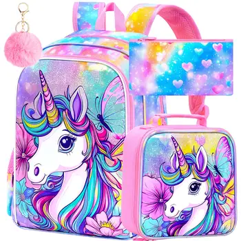 3Pcs Unicorn Backpack for Girls, 16" Kids Bookbag Set with Lunch Box，School Backpacks for Elementary Preschool Kindergarten (Ra 1