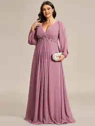 Plus size Evening Dresses V-neck with Long Lantern Sleeves Floor-Length 2024 BAZIIINGAAA of Chiffon Orchid Bridesmaid dress