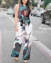 

2022 Women's Summer Jumpsuit with Peacock Feather Print Sashes Holiday Rompers Loose Sleeveless Sexy Wide Leg Jumpsuits Casual