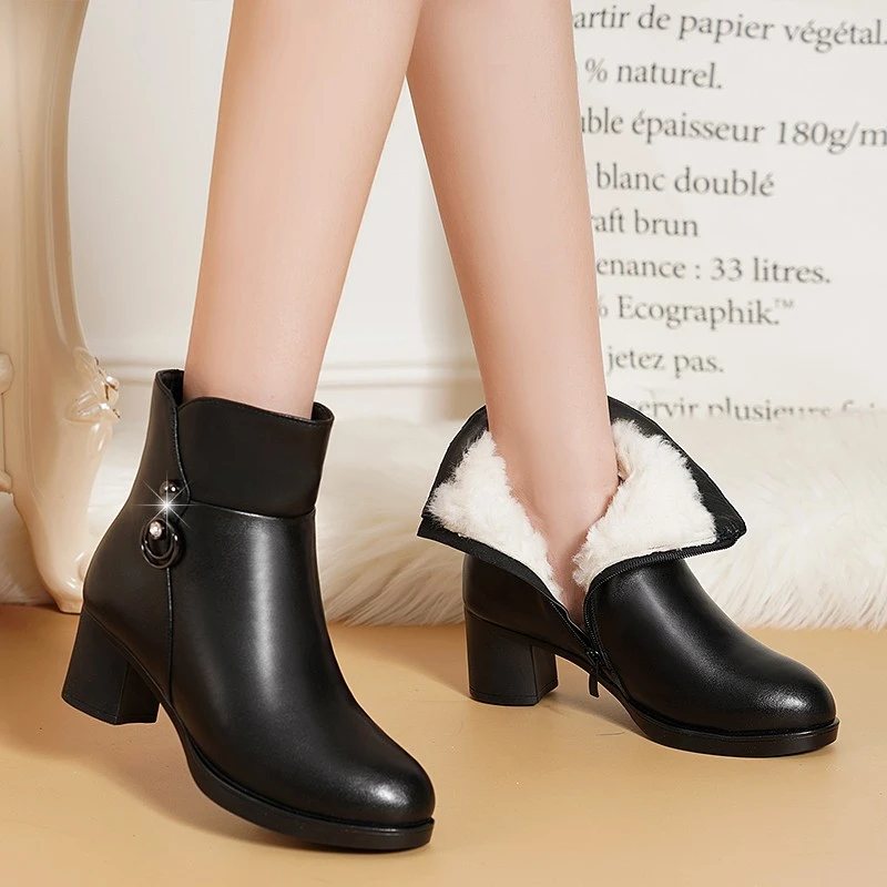 Botines de cuero suave para mujer, zapatos de tacón con cremallera, botas lana cálidas para 35 41 talla grande, novedad de 2022| | - AliExpress