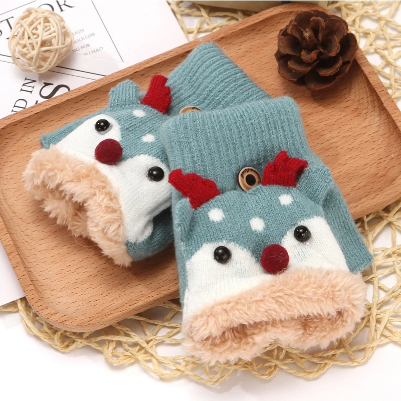 

Cartoon Child Fingerless Gloves Convertible Flip Top Gloves Kids Winter Warm Thicken Knitted Gloves Boys Girls Infant Mittens