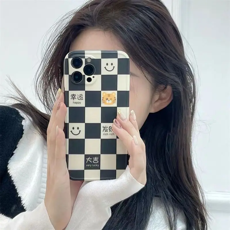Smiling Face Fa Cai Chessboard Phone Case For iPhone 14 Plus 7 8 X XS XR 11 12 13 Pro Max Silicone Cases Cover