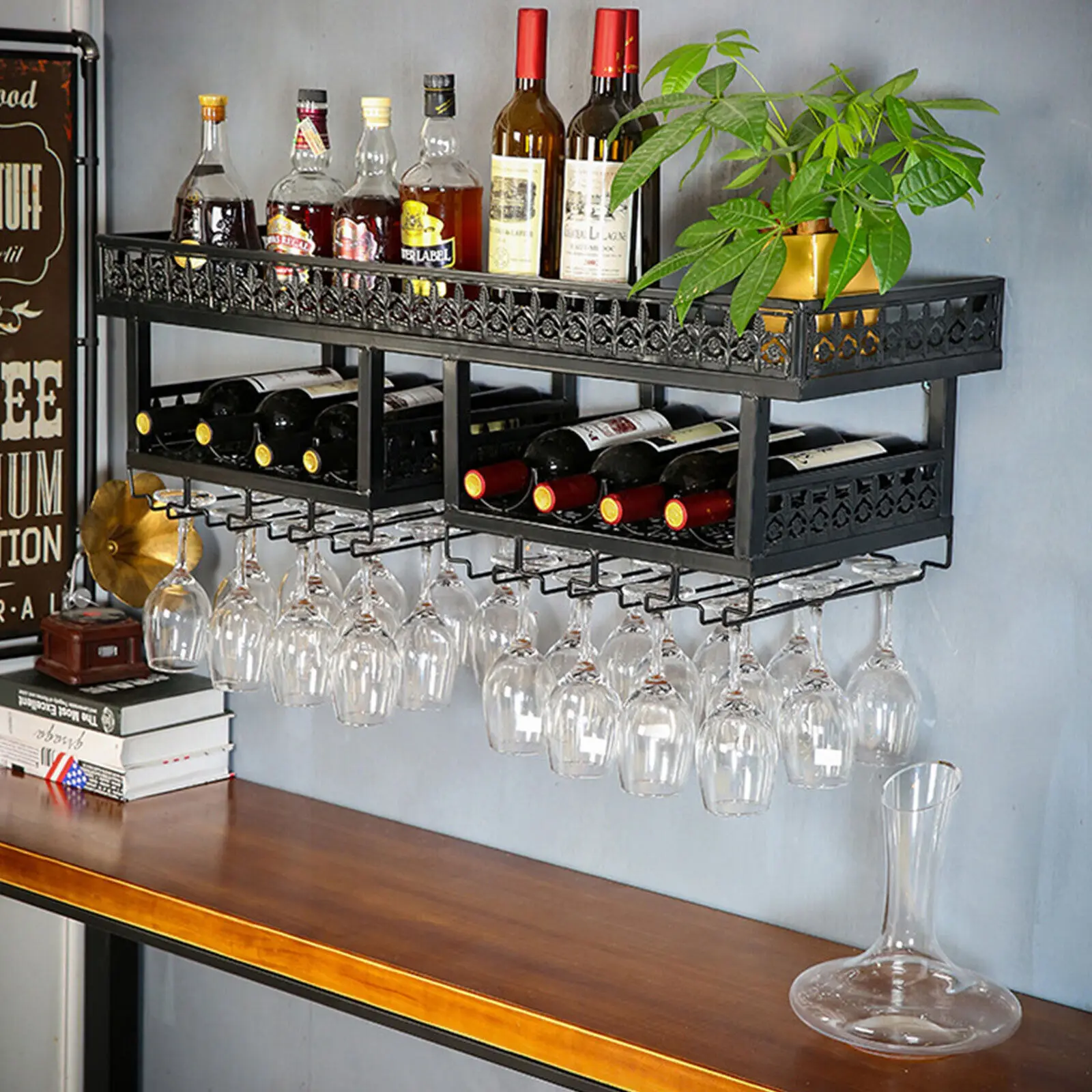 

2-уровневый настенный металлический винный стеллаж, полка для хранения, подвесной стеклянный держатель для бара и дома