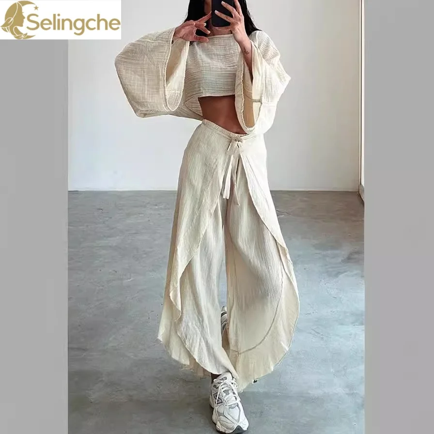 

2024 Spring Summer New European and American Light Fashion Cotton and Hemp Comfortable Casual Loose Women's Top and Pants