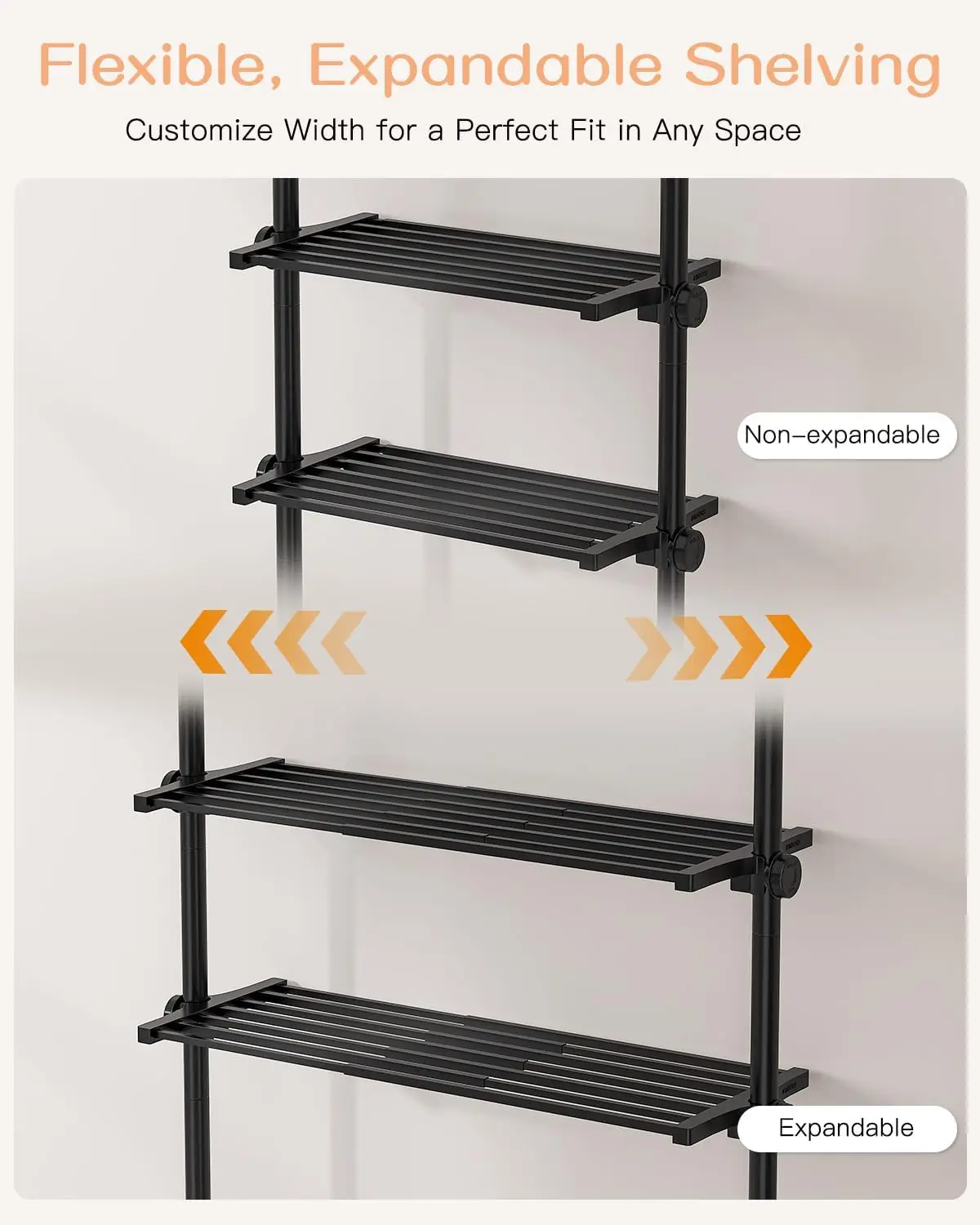 Adjustable Over Toilet Storage Shelf. 4-Tier. Tension Mounted. Fits 64-113" Heights. Black.