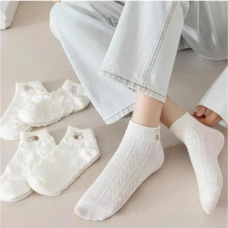 5pairs Women Socks Cute Bear Rabbit Rainbow Print Ankle Short
