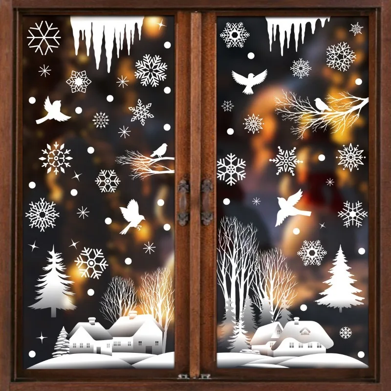 Wall Stickers Window Stickers 1/4pcs Christmas Decor Window Sticker Reusable Snowflake Snowman Static Decals Glass Wall Door Sticker New Year Xmas Home Decor