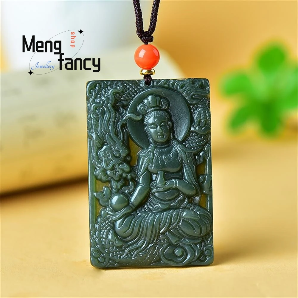 

Natural Hetian Green Jade Double-sided engraving Descending Dragon Goddess of Mercy Pendant Simple Retro Fashion Luxury Jewelry