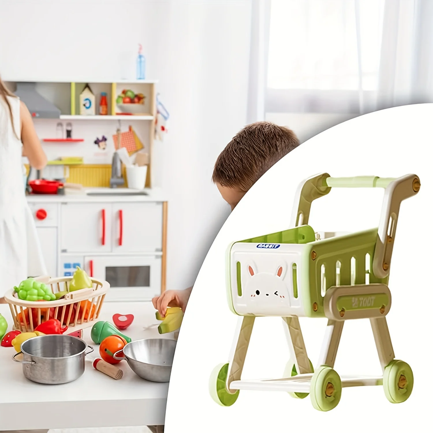 32pcs Kids Shopping Cart, Trolley Play Set with Pretend Food Fruit Vegetable Snack and Accessories, Toy Shopping Cart Trolley 4
