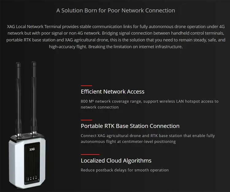 XAG P100 40L Agricultural Drone, XAG Local Network Terminal provides stable communication links for fully autonomous drone operation under 4G network