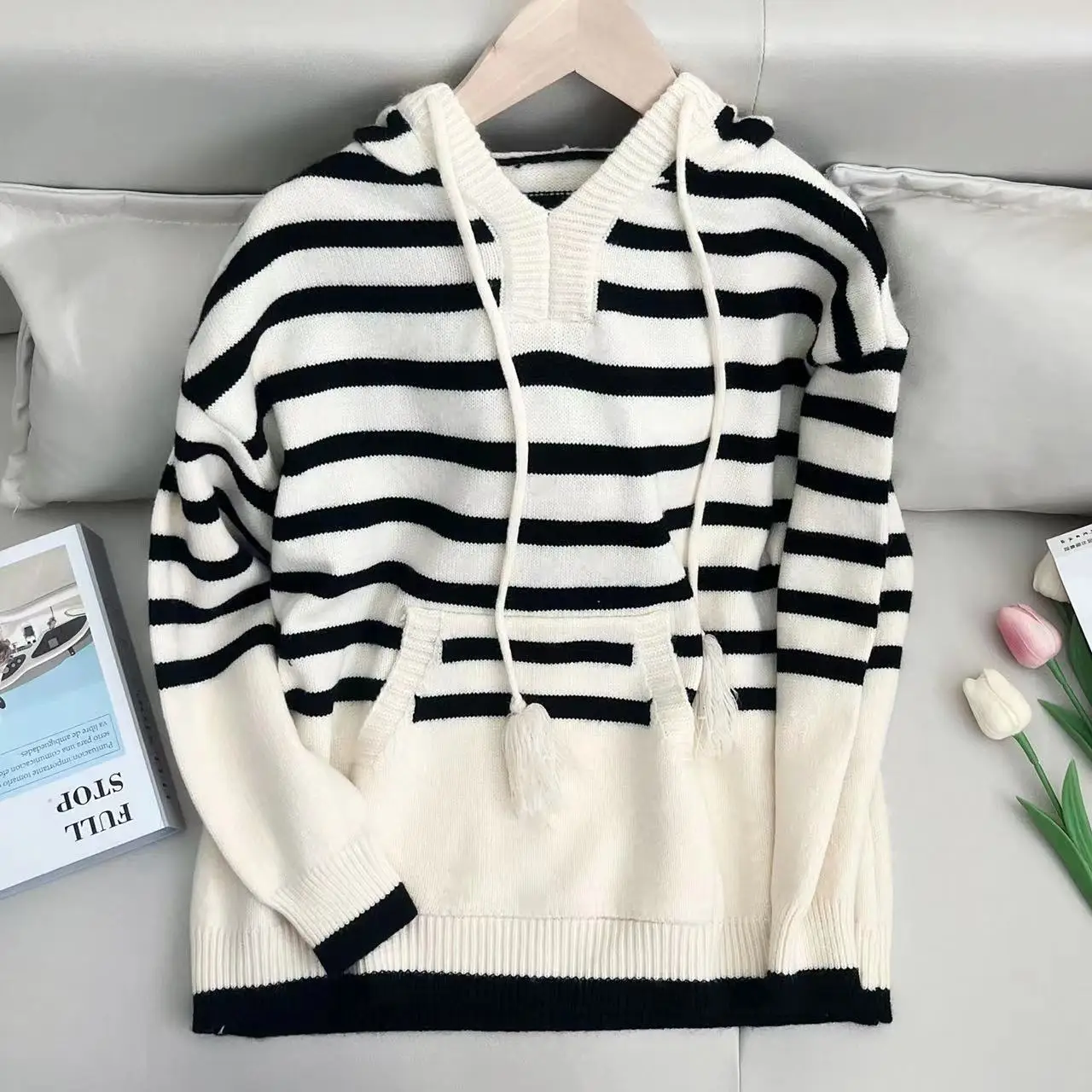 

Stripe Hooded Sweater Women 2022 Loose Gentle Sweater Soft Slouchy Pullover Knit Sweater V-Neck Pullover