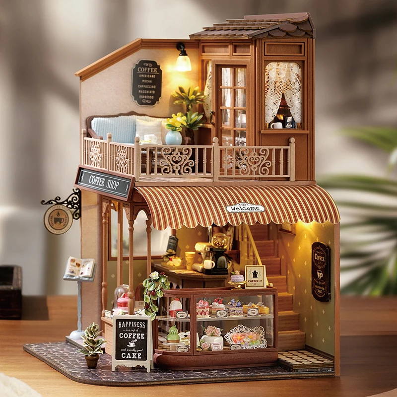 Handgefertigtes Miniatur-Puppenhaus-Set aus Holz, 3D-Puzzle, zusammengebautes Gebäudemodell-Set mit LED-Licht, Puppenhäuser, Spielzeug für Weihnachtsgeschenk
