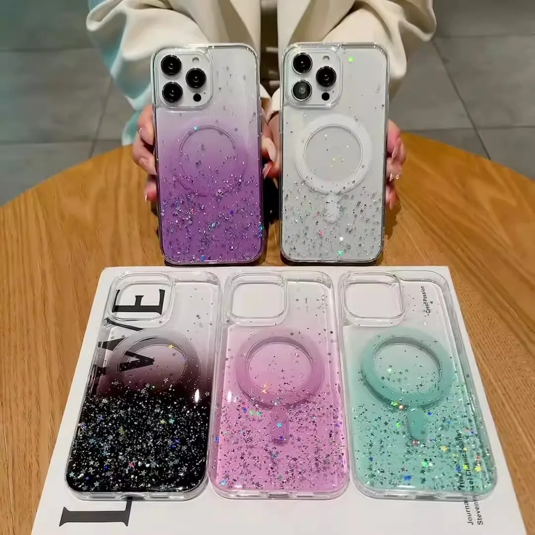 Brokatowe magnetyczne etui na telefon iPhone 15 13 12 Max Plus 15Pro iPhone15 14 Pro Gradientowe cekiny Cover Coque_voghion.com