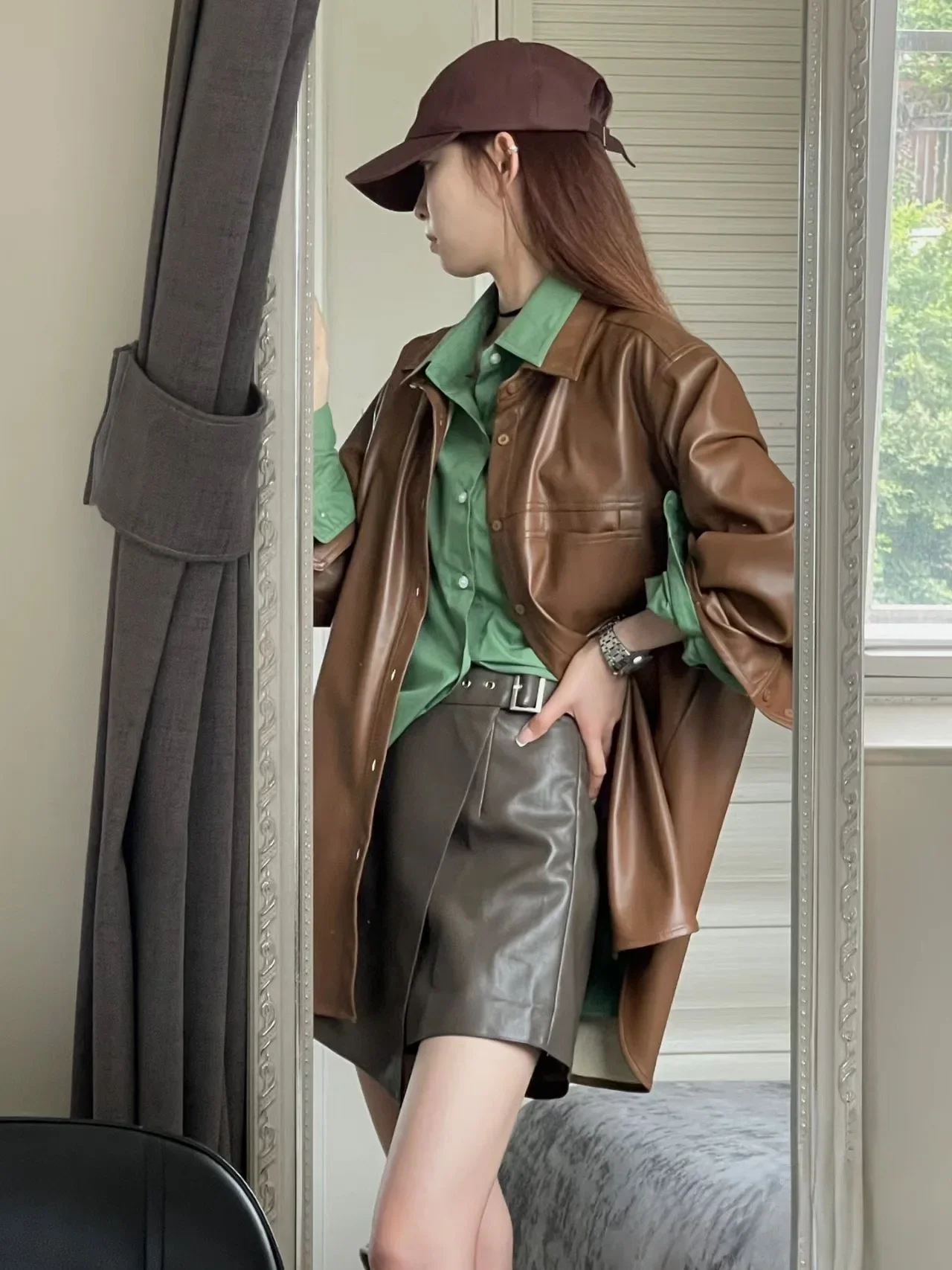 Korean Fashion PU Jacket Long Sleeves Long Cut Shinny Faux Leather Girls Winter Fall Coat Loose
