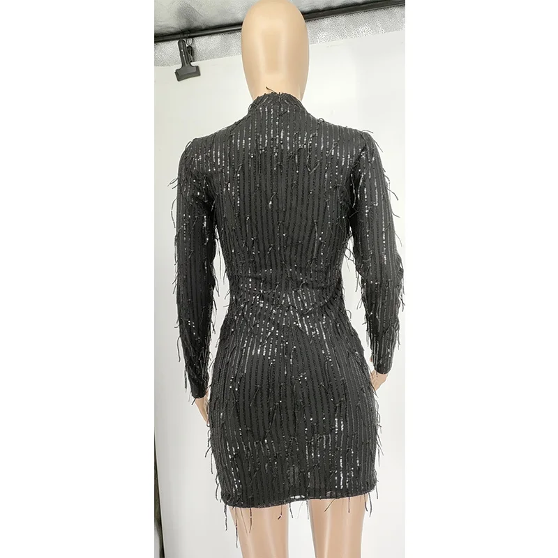 Plus Size Clothes for Women Club Half High Collar Solid Bright Silk Long Sleeve Spring Autumn Elegant Tassel Pullover Mini Dress