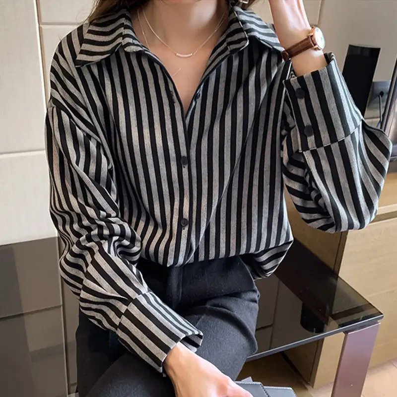 Korean Clothing Fashion Women Oversized Midi Stripe Shirt Spring Autumn Versatile Casual Simple Long Sleeve Vintage Chic Blouse luckymarche stripe oversized graphic t shirt qwtax23515pix