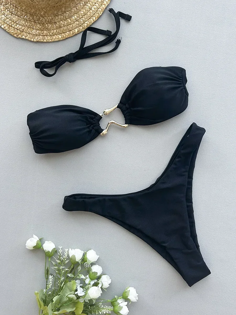 Sexy Bandeau Bikini 2025 Mujer Women Metal Ring Linked Push Up
