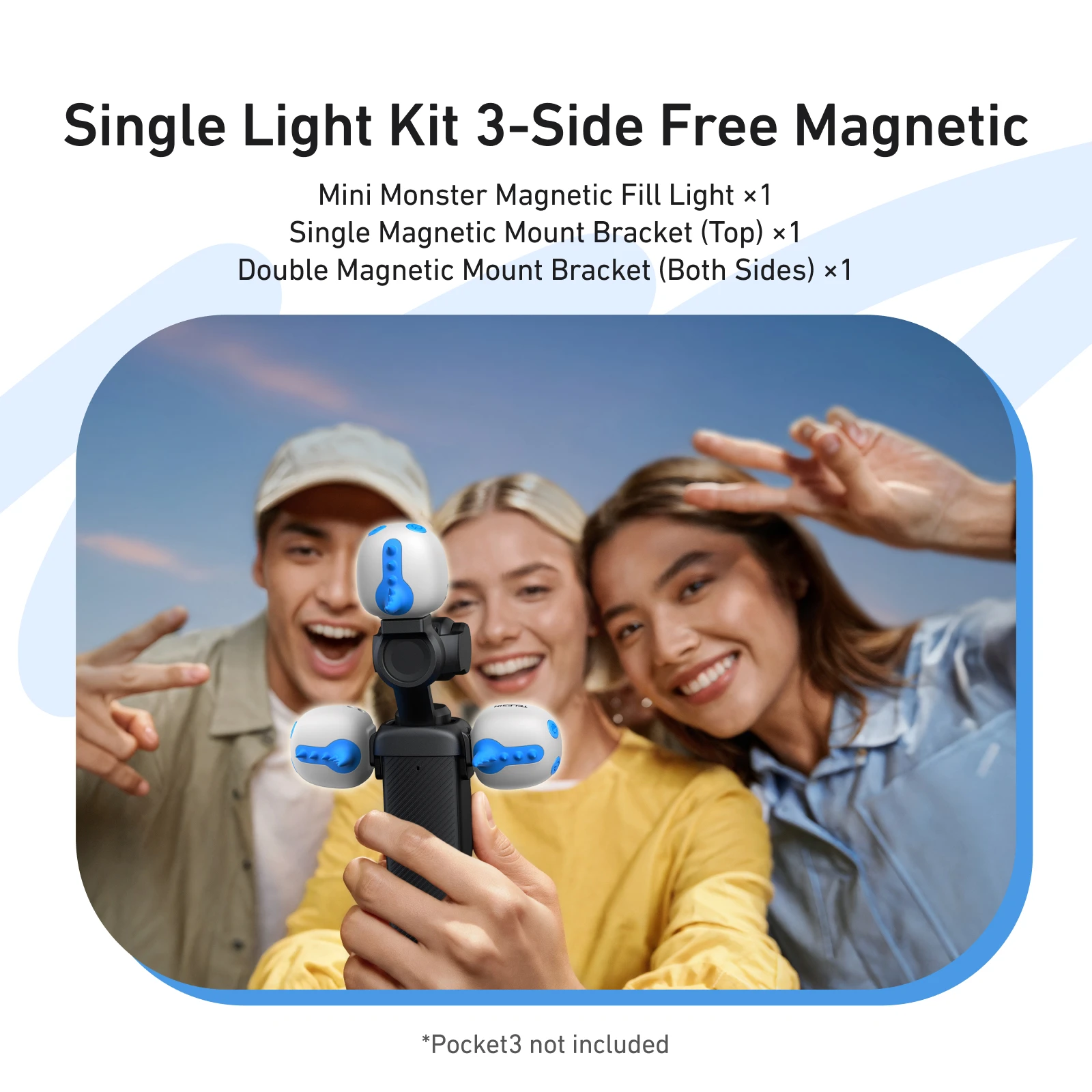 Le Kit Lumière Magnétique TELESIN Mini Monster pour DJI Pocket 3 utilisé en extérieur pour éclairer un sujet de nuit