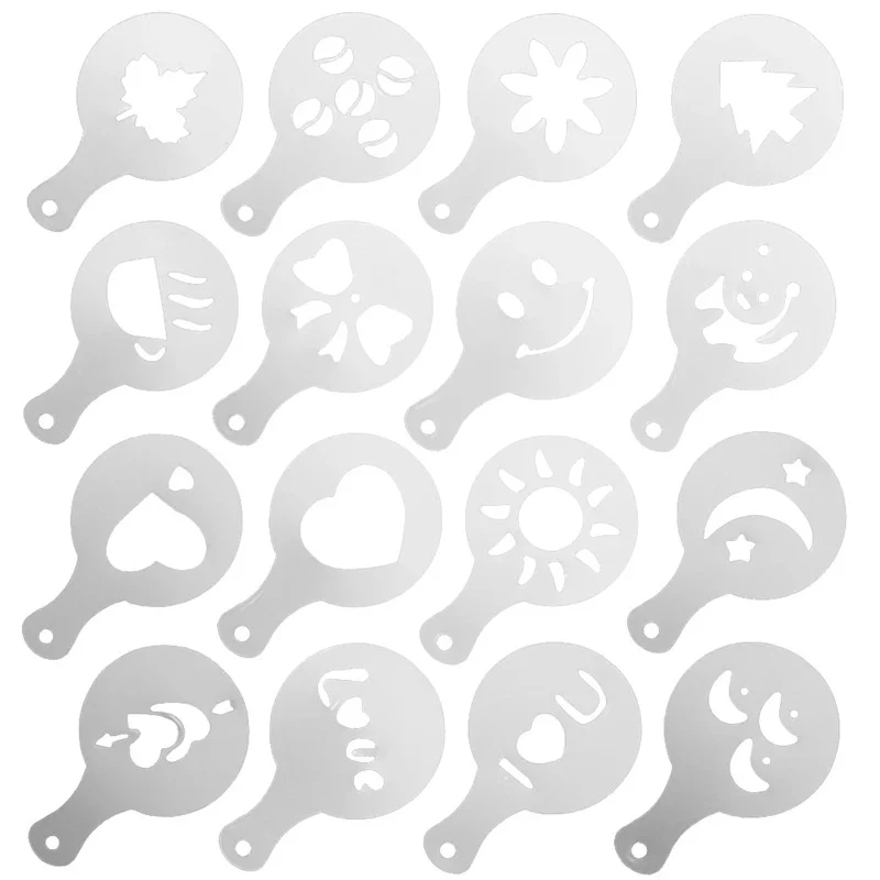 Coffee Stencils Fancy Coffee Printing Model Foam Cake Stencils Plastic Drawing Cappuccino Mold Powdered Sieve Tools 16pcs cappuccino mold