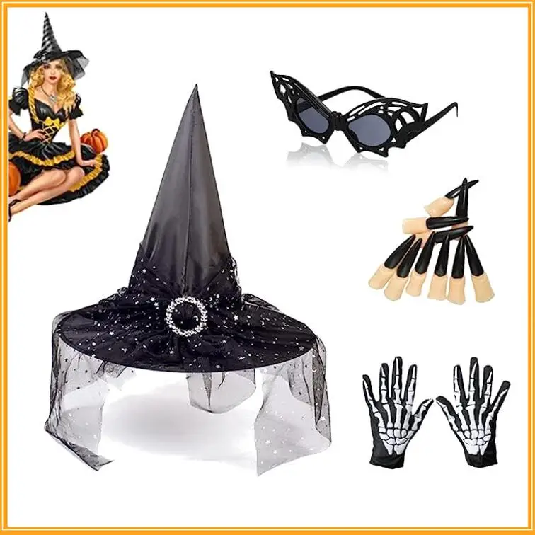 

4pcs Halloween Witch Hat With Fake Nails Bat Glasses Gloves Cosplay Costume Set For Halloween Party Supplies