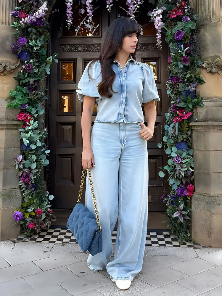 HH Women Elegant Blue Denim Blouse Single Breasted Lapel Puff Sleeve Shirt Female Fashion Streetwear Y2K Lady Chic Tops