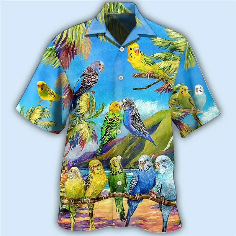 thumbnail image 1 of Camisetas hawaianas con estampado de loros en la playa para hombre, ropa de moda, camisetas de vacaciones de manga corta con estampado 3D de animales de cocoteros hawaianos, 1 of 5