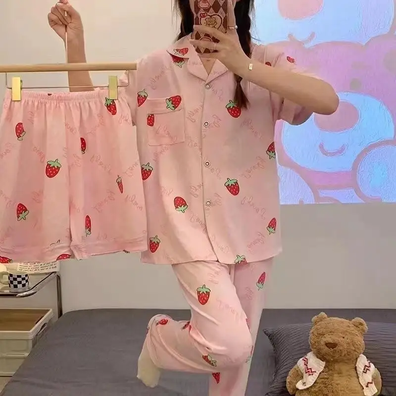 3pcs Pajamas Women's Summer 2024 New Short-Sleeved Lapel Trousers Top Loose Kawaii Clothes Homewear Sense of Luxury BirthdayGift 5