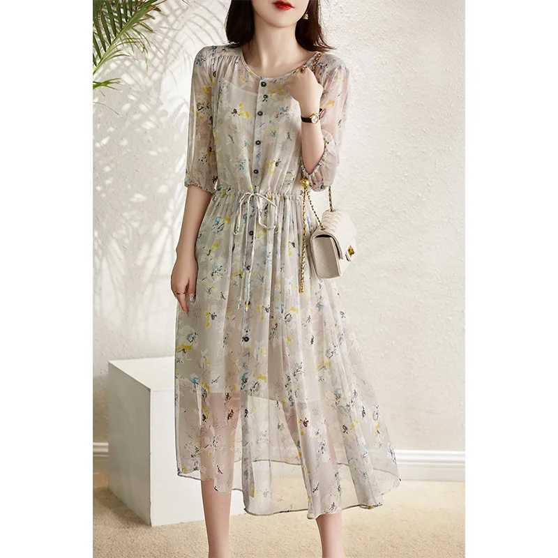 Fragmented Floral Long Dress French Short Sleeved Dress Summer New Mid  Length Two Layers Dress - AliExpress 200000345