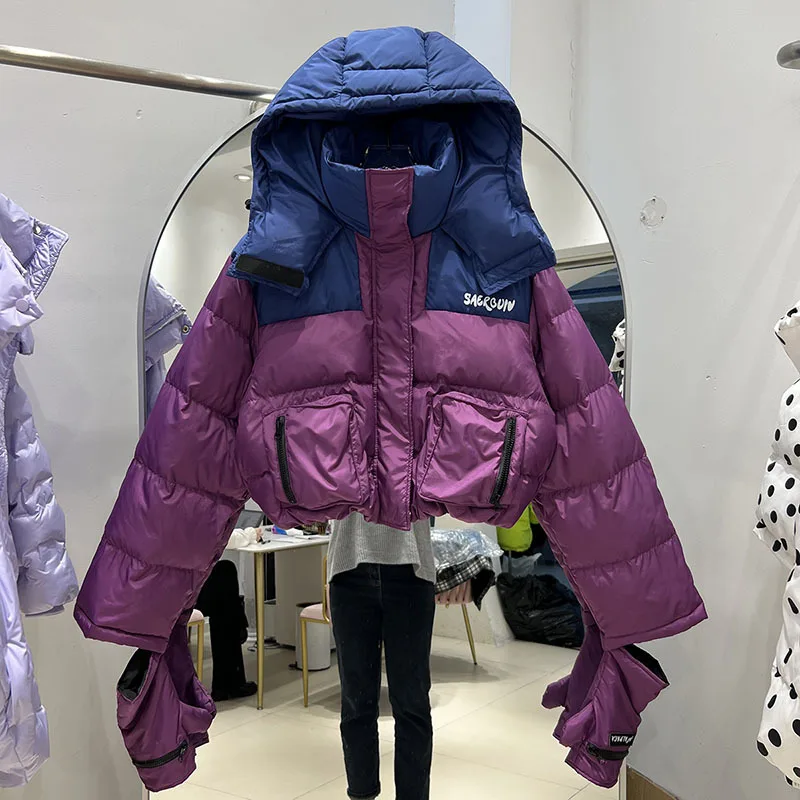 

Новинка 2023, женская зимняя куртка на белом утином пуху, теплое пальто с капюшоном, Женская ветрозащитная свободная пуховая одежда с перчатками, верхняя одежда