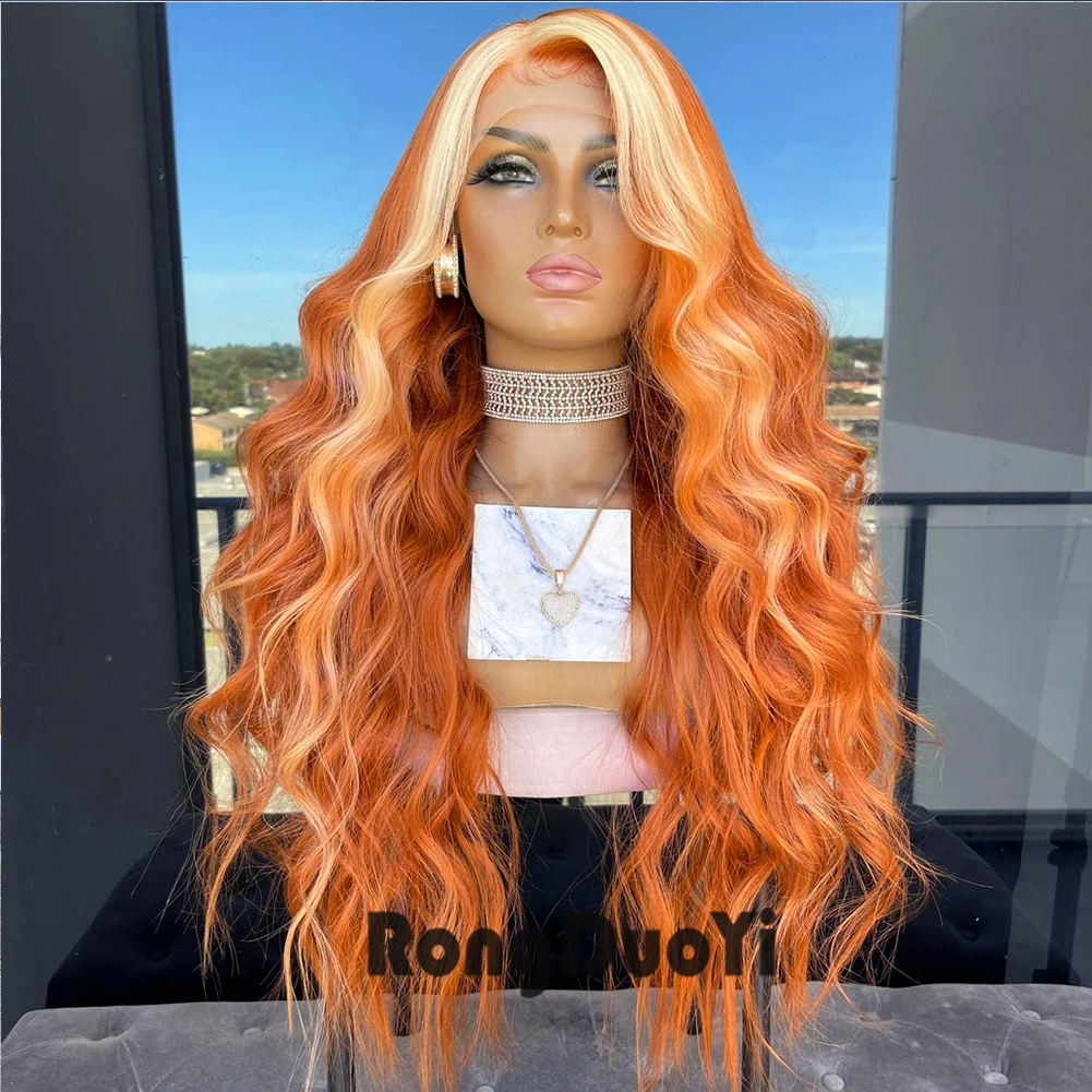 Long Synthetic Lace Front Wig Ginger Highlight Blonde Wigs for Women Body Wave Lace Wig High